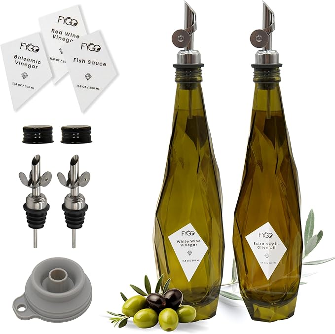 FYGO Diamond Lux Olive Oil Bottle Dispenser - Olive Oil Container- Oil and Vinegar Dispenser Set with Pourer and Funnel - Glass Dispenser Bottle for Kitchen - 500ml - Set of 2