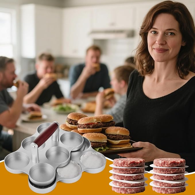 Mini Burger Press Small Meat Patty Maker with 300 Patty Papers Round Shape Press Patty Maker for Mini Hamburger, Barbecue, Picnic, Camping, Six 2.64-inch molds (6 Slots+300 Patty Papers)