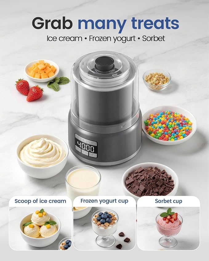 2.1 Qt Countertop Ice Cream Maker – Make Gelato, Sorbet & Frozen Yogurt in as Little as 20–30 Minutes, Fast Cooling, Visible Feeding Port, Easy 3-Button Control (Gray)