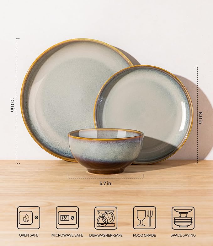 TheTerra Stoneware Dinnerware Sets for 4, 12 Pieces Ceramic Plates and Bowls Sets, Scratch Resistant Dish Set, Oven, Microwave & Dishwasher Safe, Dusk Blue