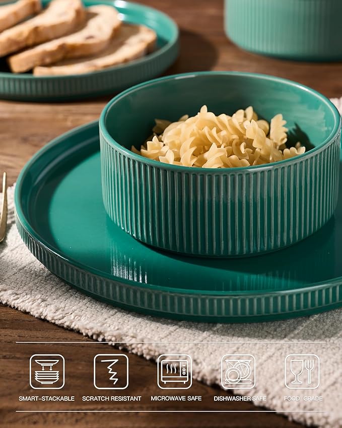 Famiware Star 24-Piece Stoneware Dinnerware Set for 8 – Sage Green, Ceramic Ribbed Plates and Bowls – Modern Rustic Dishes, Everyday & Formal – Chip & Scratch Resistant, Microwave & Dishwasher Safe