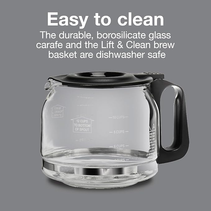 Proctor Silex Digital & Programmable FrontFill 12 Cup Drip Coffee Maker | Glass Carafe | Compact | Auto Shutoff | Black & Silver | 43685PS
