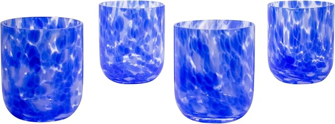 Stephanie Imports Set of 4 Handcrafted Double Old-Fashioned Confetti Drinking Glasses (12 oz) (Ocean Blue & White)