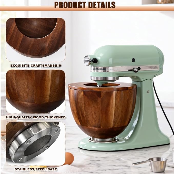 LOVIVO Premium Acacia Wood 5 Quart Mixing Bowl with Splash-Proof Lid, Compatible with KitchenAid 4.5-5 Qt Tilt-Head Stand Mixers, Wooden Bowl for Stand Mixer with Stainless Steel Locking Base