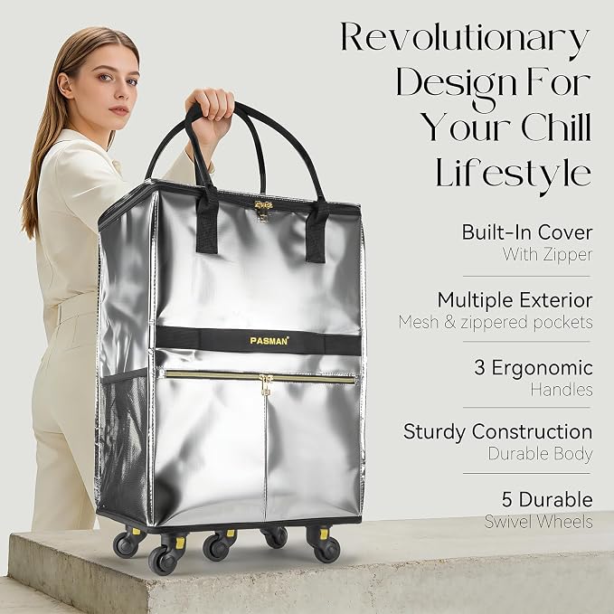 Reusable Grocery Bag on 5 Wheels, Foldable Rolling Tote Bag with Handle and Zipper Cover, Heavy Duty Shopping Cart for Laundry, Market & Travel (Silver, Large_120L)