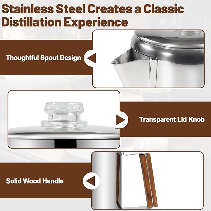 12 Cup Percolator 304 Stainless Steel Coffee Pot Coffee Maker Coffee Machine with Solid Wood Handle Transparent Knob Stovetop Greca Mocha for Induction Home and Camping 2200ml 74.4oz