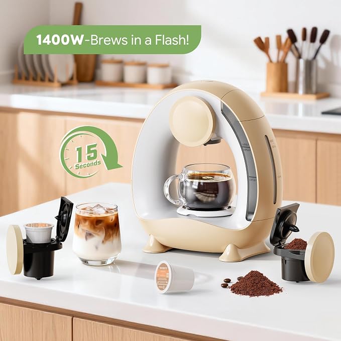 Single Serve Coffee Maker 2 in 1, 1400W Fast Brewer for K-Cup Pods & Ground Coffee, One-Touch Americano & Tea Machine with 2 Reusable Filters, Compact Design for Home Office RV Dorm