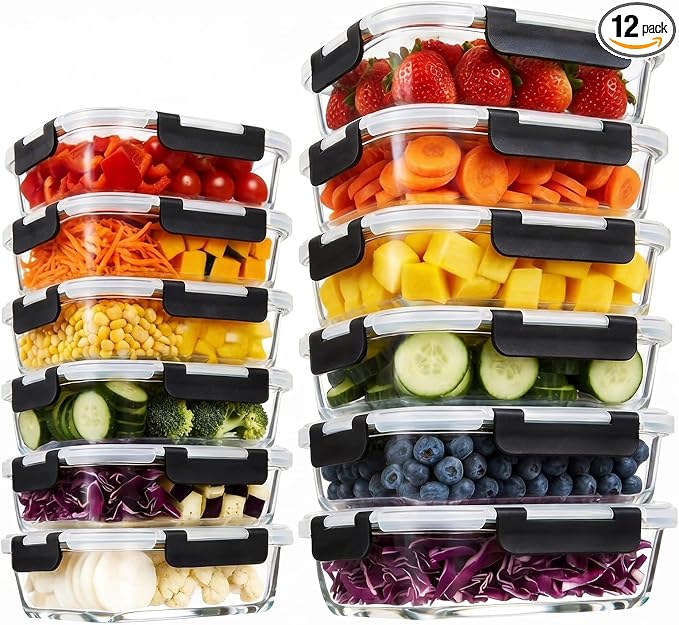 Konokyo Rectangular Glass Food Storage Containers with Lids, 12 Pack Airtight Leakproof Meal Prep Containers, BPA-Free, Microwave Oven Freezer & Dishwasher Safe, Assorted Sizes