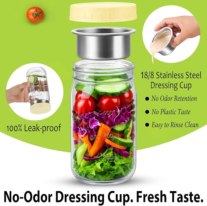 KTKUDY 2 Pack 32 oz Glass Salad Jars with Dressing Cups (Pod) - Meal Prep Salad Container for Lunch - Leakproof Mason Jars with Lids