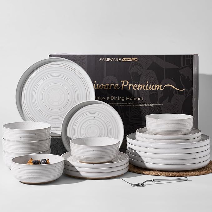 18-Piece Reactive Glaze Stoneware Dinnerware Sets for 6 - Coupe Plates & Bowls with Speckles & Spirals - Chip & Scratch Resistant Dishes, Microwave & Dishwasher Safe - Gift Box, White