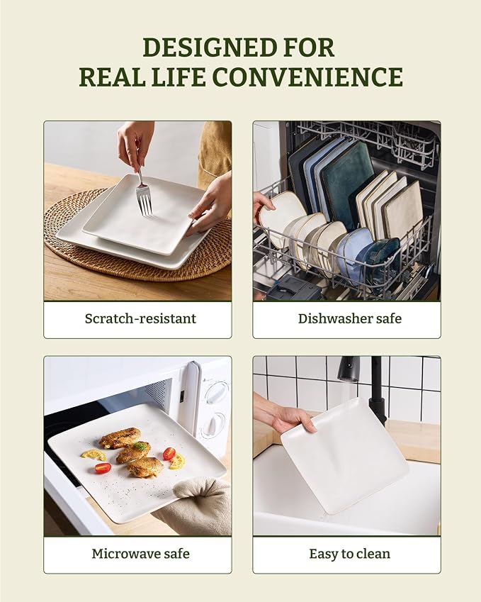 Famiware Stoneware Dinnerware Sets for 8, Ocean Square 24-Piece Kitchen Plates and Bowls Sets, Microwave and Dishwasher Safe, Scratch Resistant, Matte White
