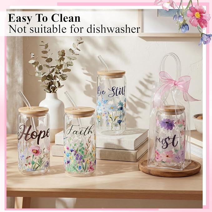 Mumufy 8 Sets Christian Glass Cups with Clear Gift Bag 16 oz Reusable Pink Iced Coffee Mugs Aesthetic Cute Tumbler with Lids and Straws, Gifts for Girls Women Bridesmaid