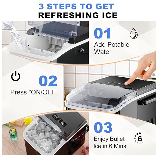 NEWBULIG Countertop Ice Maker Machine with Handle, Portable Bullet Ice Maker Produces 9 Cubes in 6 Minutes, 26 lbs per 24 Hours, Includes Basket & Scoop, for Home Kitchen RV Camping Party, Black