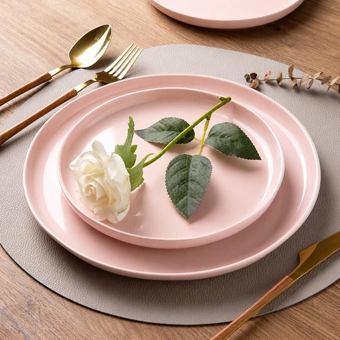 GBHOME 24-Piece Ceramic Dinnerware Set for 6, Handpainted Plates, Pasta Bowls & Bowls Set with Rustic Terracotta Underside, Scratch-Resistant, Dishwasher & Microwave Safe,Speckled Glaze Pink