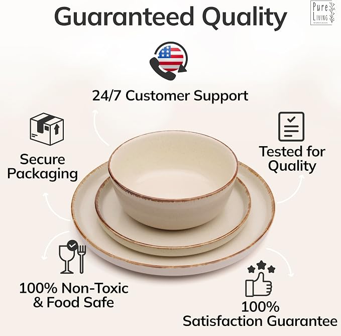 Stoneware dinnerware set 8 persons Rustic 24 pcs - Rustic design dinnerware set, dishwasher safe - Bowl and plate set - Pure Living dinnerware in beige…