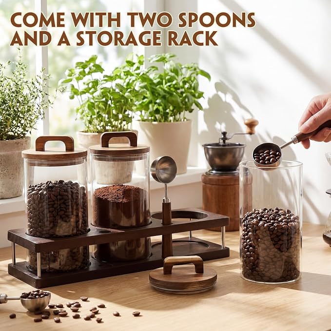 Suclain 3 Pcs 42 oz Glass Coffee Grounds Container with Shelf Glass Coffee Bean Storage Canisters with Airtight Lid and Measuring Spoon Food Storage Jars for Kitchen Sugar (Vintage Style)