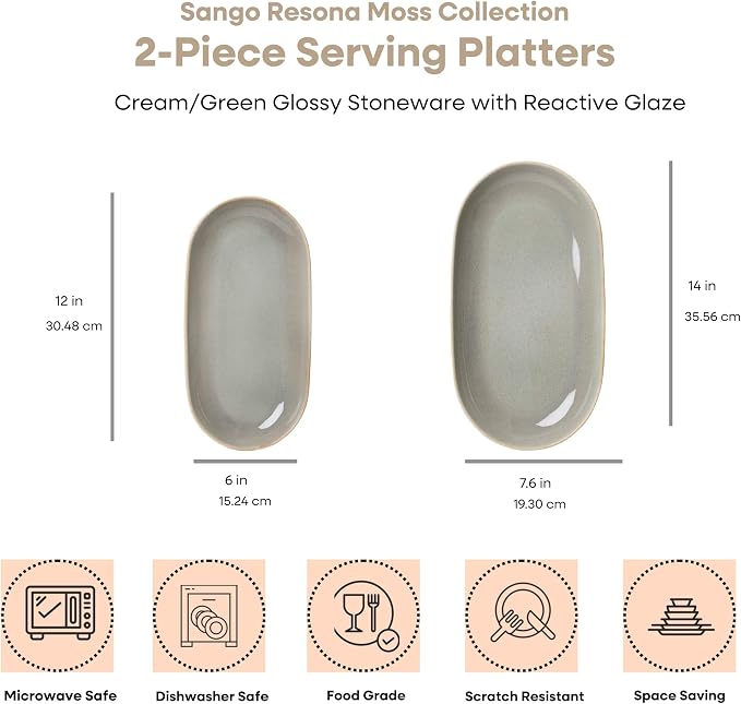 SANGO Resona Moss Serving Platters Set of 2, 14/12 Inch Stoneware Serving Dishes for Entertaining, Glossy Party Serving Trays with Reactive Glaze, Buffet Oval Platters for Bread, Appetizer, Cheese