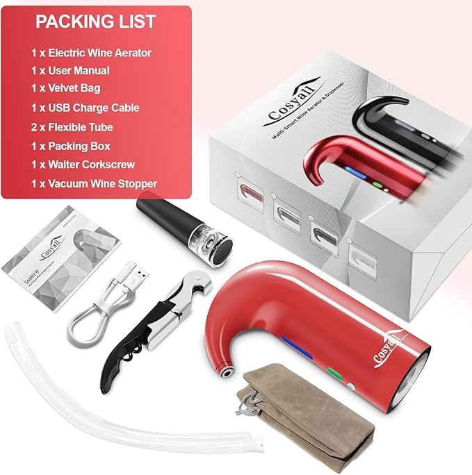 Electric Wine Aerator - One-Touch Automatic Decanter and Dispenser, Red & White Wine Pourer, Unique Gift for Wine Lovers (Red)