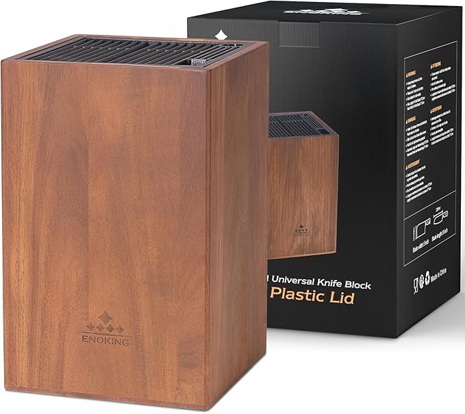 Acacia Wood Universal Knife Block with Plastic Slot Top, Kitchen Knife Holder for Knives, Scissors & Sharpening Rod, Easy-Clean Countertop Storage Organizer