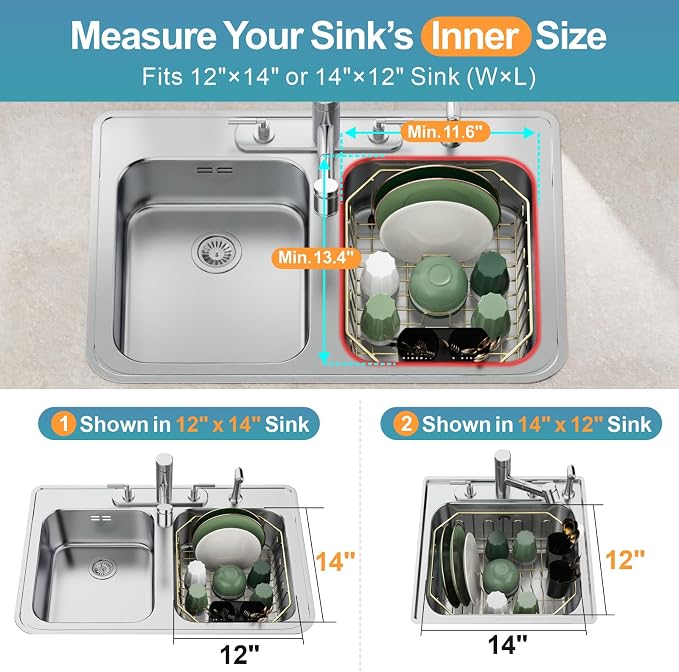 GSlife Small in Sink Dish Drying Rack - Stainless Steel Compact Dish Drainer for RV Kitchen Apartment Sink, Rust Resistant Inside Sink Rack, 1–2 Person Households, 11.6" W x 13.4" L, Champagne Gold