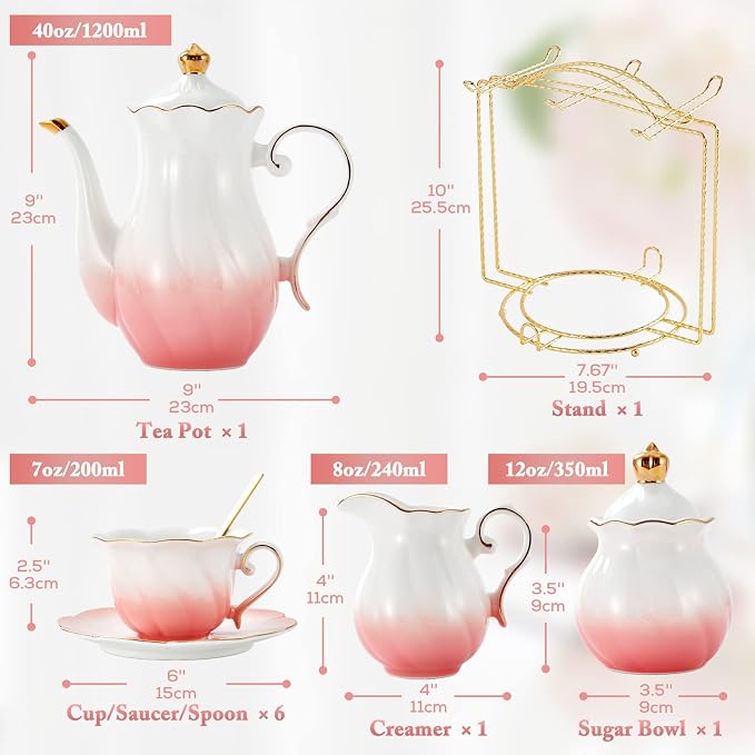 DUJUST 22 pcs Porcelain Tea Set for 6, Luxury British Style Tea/Coffee Cup Set with Golden Trim, Beautiful Tea Set for Women, Tea Party Set, Gift Package (With a Stand) - Gradient Pink