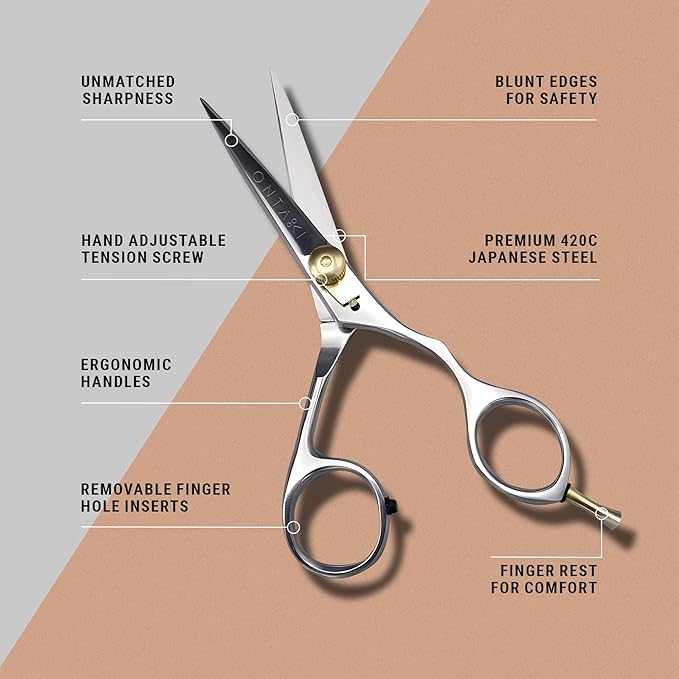 Ontaki Beard & Mustache Scissors For Men - 5.5" 420C Japanese Steel, Silver, Right Hand - Engineered Sharpness for Barber Shears - Comfort Grip for Grooming Scissors - Includes Beard Comb