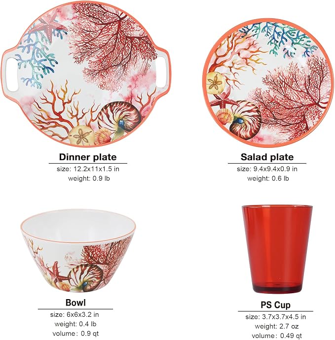 Melamine Dinnerware Set for 4-16 Pcs:Camping Dishes Set with Dinner Plates,Salad Plates,Cups and Bowls.Lightweight and Unbreakable.Indoor and Outdoor Use.