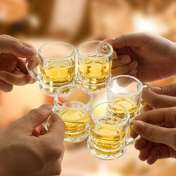 24 Pack Mini Beer Mug Shot Glasses, 2 Oz Glass Mini Beer Shot Glasses with Handles, Clear Beer Stein Tasting Cups for Whiskey, Tequila, Vodka Flight, Party Favors and Gifts