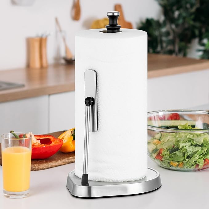 Dailyart Paper Towel Holder for One Hand Tear - Countertop with Tension Arm & Non Slip Weighted Base, Stainless Steel Paper Towel Holder Stand for Kitchen Bathroom, Black
