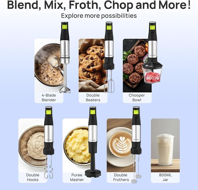 Consciot 7-in-1 Immersion Blender Handheld Max 1100W, Stick Emulsifier with Entire Stainless Steel Blender Shaft, Trigger Speed Control, 800ml Beaker, 600ml Chopper, Beaters, Frothers, Hooks & Masher