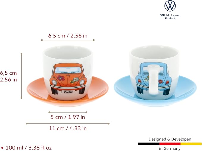 BRISA VW Collection - Volkswagen Espresso Cups Coffee-Tea-Cappuccino Set in Beetle Design (Beetle Front/100ml/3.4 fl oz) (Set of 2 (light blue, orange))