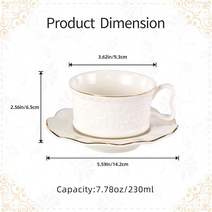KAMMAK Tea Cups and Saucers Set of 2, Porcelain Coffee Cups with Saucers, Ceramic Espresso Mugs for Coffee, Latte, Americano, Tea, 7.8oz Elegant Teacup and Saucer (YFH3)