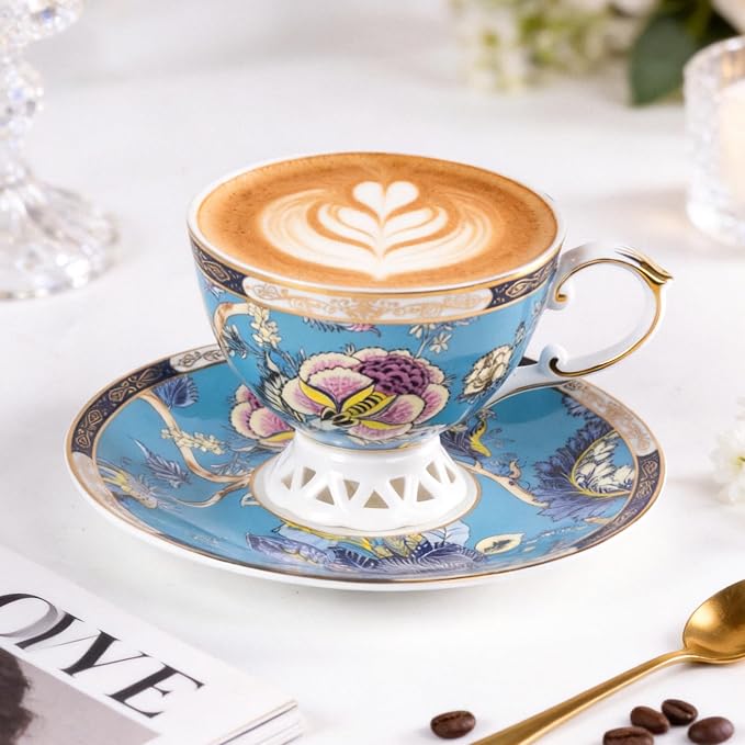 KAMMAK Tea Cups and Saucers Set of 2, Fine Bone China Coffee Cups, Stackable Espresso Mugs, Ceramic Demitasse for Coffee, Cappuccino, Latte, Americano, Tea, Jade