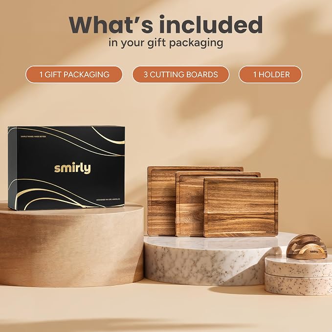 SMIRLY Acacia Wood Cutting board for Kitchen - Wood Cutting Boards for Meal Prep, Serving, Charcuterie - Kitchen Gadgets, House Warming Gifts - Wooden Chopping Board Set of 3 with Holder