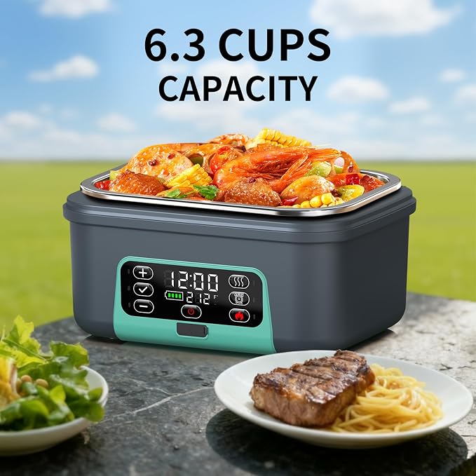 Cordless Electric Heated Lunch Box, 1.5L - 6.3 Cups 100W Rechargeable Smart Self-Heating Food Warmer with Removable Divider, Spoon, Fork, BPA Free, Portable Lunchbox for Car Travel Office Lake Green