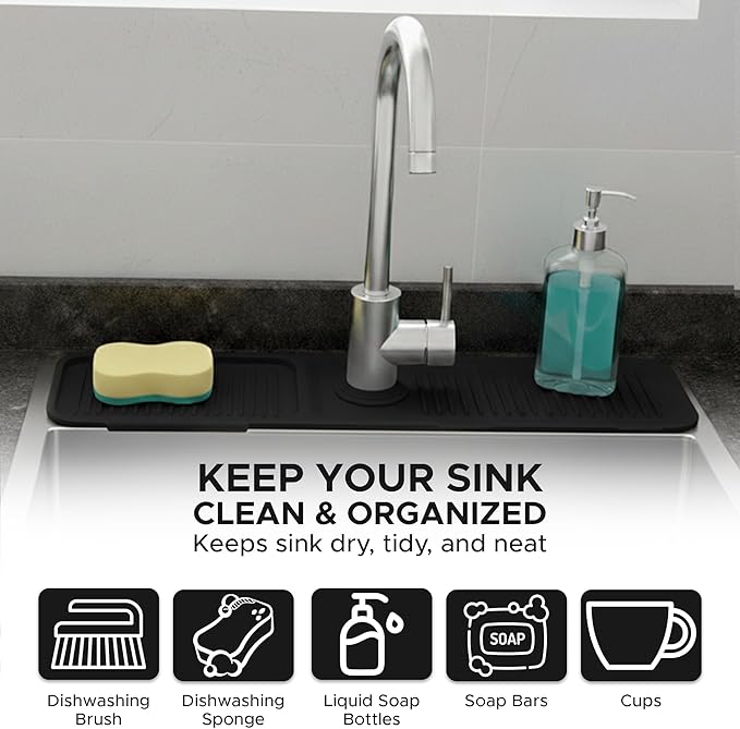 24 Inch Longer Faucet Mat for Kitchen Sink| 5° Slope Fast Self-Draining Sink Splash Guard | Multipurpose Faucet Mat Foldable Durable No Smell | Cut-to-Fit Opening Up to 2.6in | Black