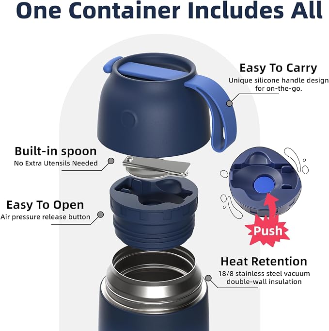 2 Pack Insulated Food Jar Set, 26oz & 18oz Stainless Steel Vacuum Insulated Soup Containers for Hot Food, Leak-Proof Thermal Food Jars with Spoons, Cute Stylish Design for School, Work & Travel (Blue)