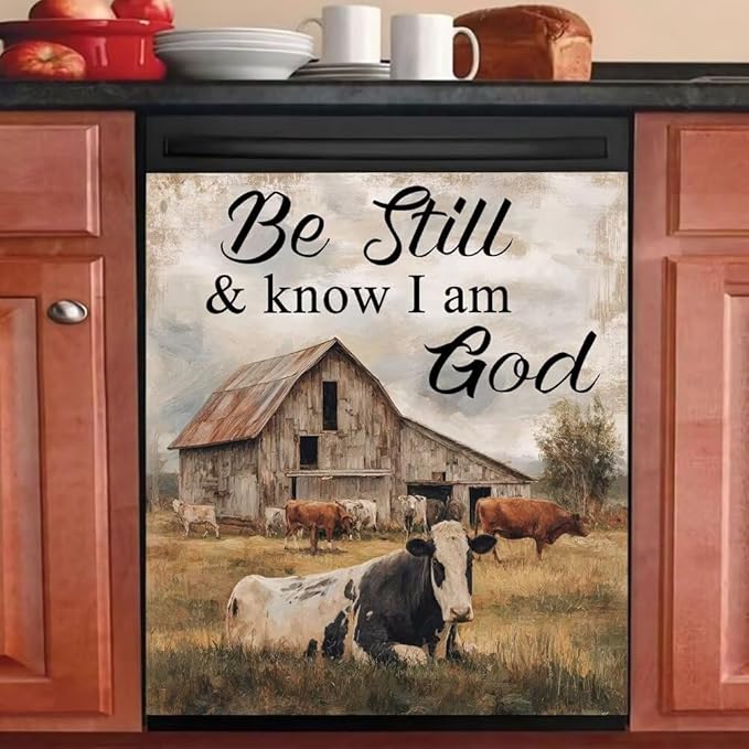 Farmhouse Cow Magnetic Dishwasher Cover,Wood Grain Front Door Dishwasher Magnetic Cover,Washing Machine Magnet Cover Decor Keep Quiet and Know I Am God Text Panel Decal,23"x26"