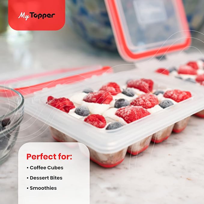 IceTopper Plus Ice Cube Tray with 2 Attached Lids - Easy Release Ice Cube Molds, 16 Cubes per Tray, Stackable & Dishwasher Safe, 100% Food Grade Silicone, BPA Free & Recyclable (4 Pack)