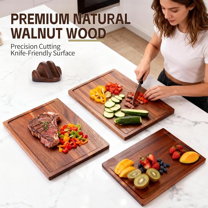 Walnut Cutting Board Set of 3 Handmade Wooden Chopping Boards with Holder, Deep Juice Grooves Side Handles Reversible NonToxic Serving, Gift for Mother's Day, Housewarming Wedding