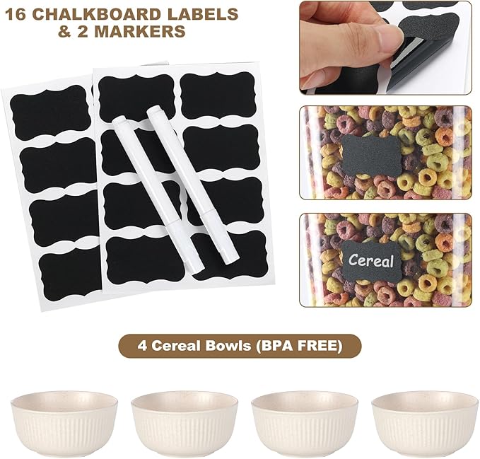 Cereal Dispenser Countertop with Cereal Bowls,16 Labels & Pen, Cereal Containers Storage, Candy Dispenser, Dry Food Dispenser For Pantry - Not Easy to Crush Food (Black, 2 Pack)