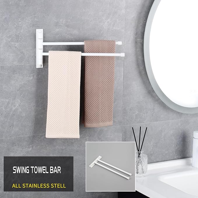 GERZWY Bathroom 2-Arm Swing Arm Towel Bars Wall Mount Stainless Steel Bath Towel Rack Hanger, White