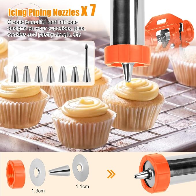 Churro Maker Machine, 3-in-1 Multifunctional Hollow Churros Machine, Churreras para Churros, Stainless Steel Churro/Cookie Making Kit with Piping Bag, 2 Brushes, 10 Discs and 7 Icing Piping Nozzles