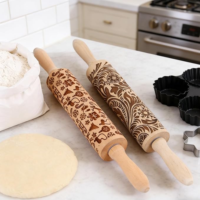 Wooden Embossed Rolling Pin for Baking & Crafts-Easy to Clean, Lightweight Design for Cookie Dough, Pie Crust & Pastry- Deep Engraved Pattern Roller Also Perfect for Clay- Essential Kitchen & DIY Tool