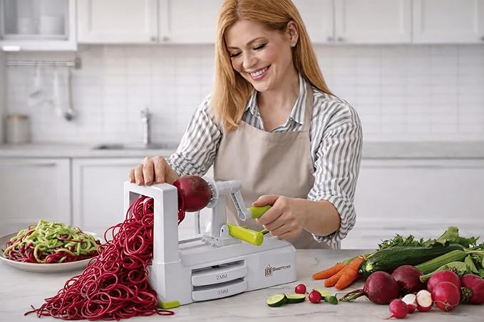 Brieftons 5-Blade Vegetable Spiralizer: Best Zucchini Spiral Slicer & Veggie Noodle Maker, Japanese Steel Blades, Strong Suction Cup, Blade Caddy, 4 Recipe eBooks | Low Carb, Vegan, Paleo, Gluten-Free