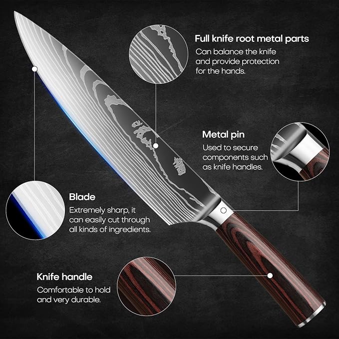 8-Piece Premium Japanese Kitchen Knife Set - Star Collection, Laser Damascus Pattern, 440A Stainless Steel Ultra Sharp for Fast Cutting (Redwood 8J)