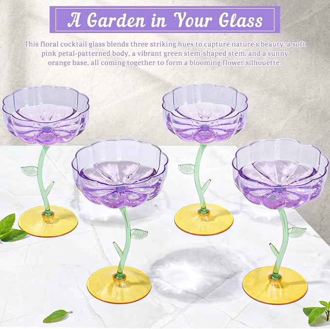 24 Pcs Purple Plastic Ribbed Coupe Glasses Detachable 7oz Flower Cocktail Glasses Modern Wavy Plastic Cocktail Coupes Disposable Martini Glasses Mimosa Glassware champagne goblets (24, Purple)