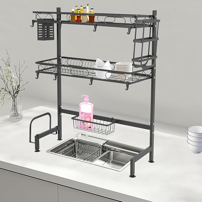 2-Tier Over Sink Dish Drying Rack, Multifunctional Kitchen Rack Extra Large Extendable Dish Rack Carbon Steel Over Sink Dish Rack with 8 Hooks for Kitchen Counter (24in)