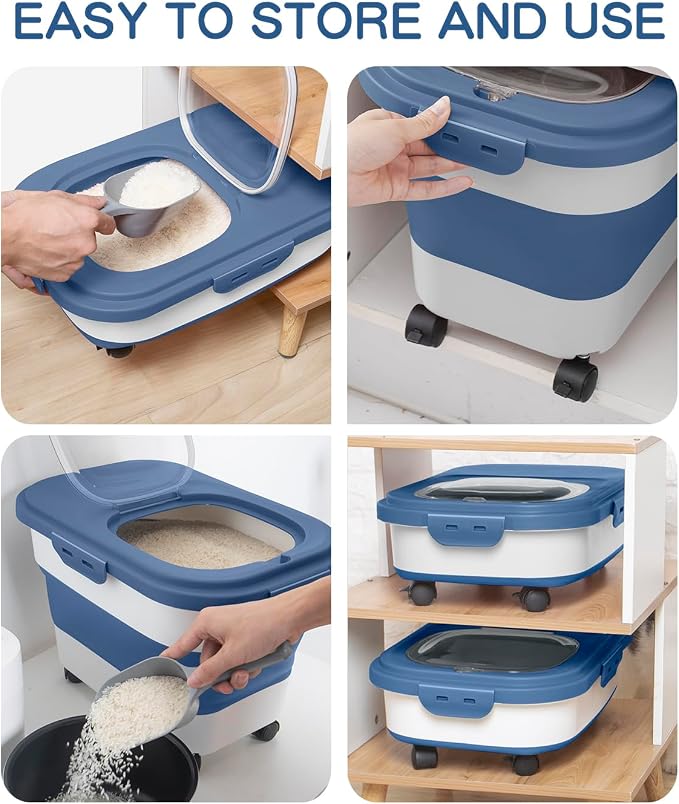 20-30 Lbs Rice Storage Container,Collapsible Food Storage Containers with Rolling Wheel Airtight Locking Lid,Flour Storage Container with Cup and Scoop,Suitable for Food,Rice,Pet Food,Flour