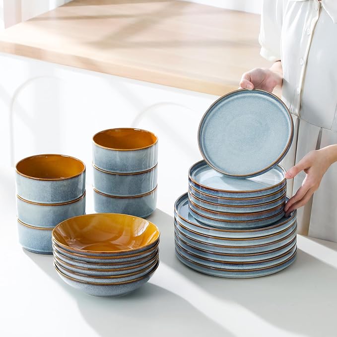 ONION Ceramic Plates and Bowls Sets for 6, 24 Pieces Stoneware Dinnerware Sets for Kitchen, Reactive Glaze Dish Set, Dishwasher and Microwave Safe, Light Blue